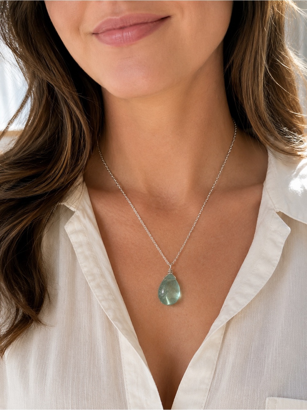 Green Fluorite Pendant Necklace Silver Tone 16” Nickel Free